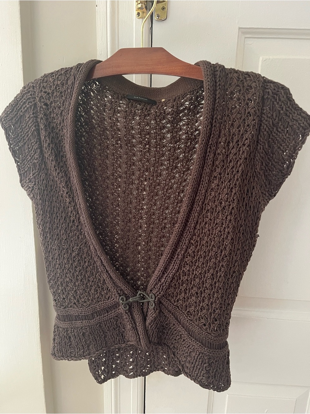 Elie Tahari Chocolate Brown Open-Knit Short-Sleeve Cardigan